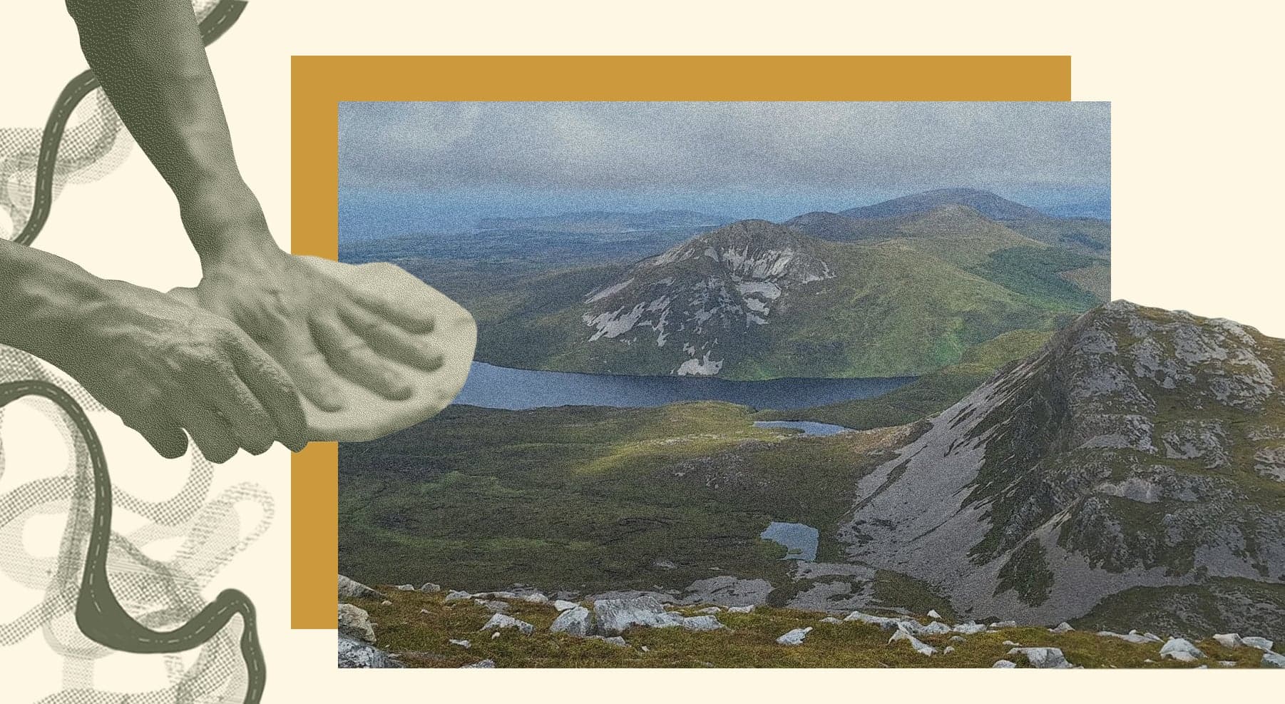 A collage of hands holding a piece of cloth beside a view of mountains, lakes and open bog land.
