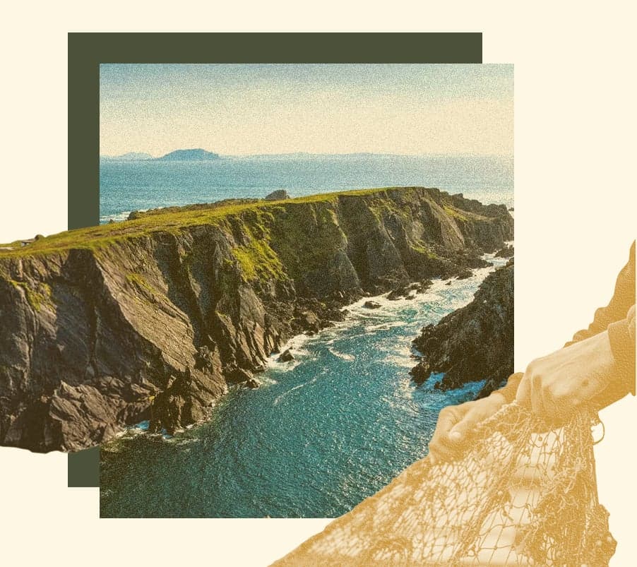 A collage of sea cliffs above a rocky inlet, with hands pulling in a fishing net.